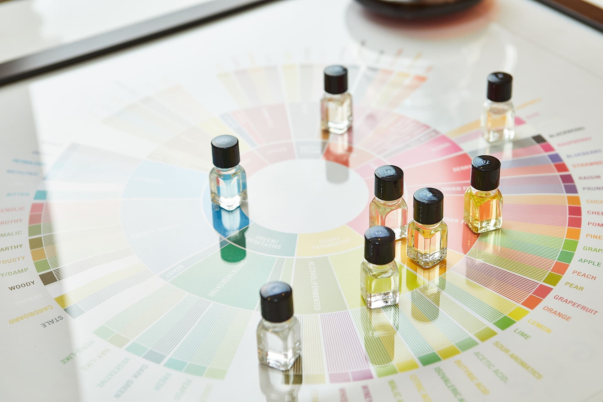 A set of small fragrance sample vials arranged on a neutral surface